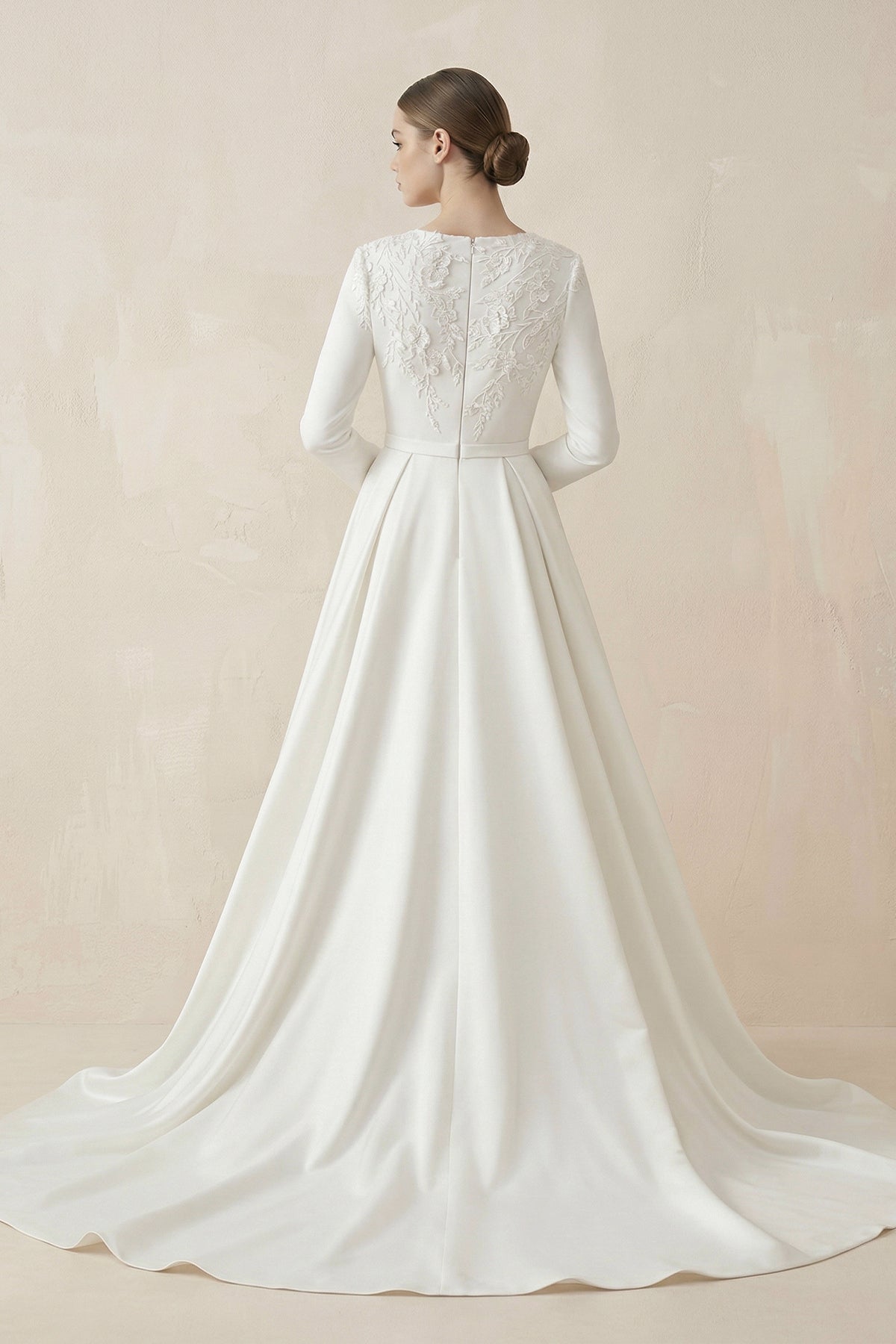 A-Line Boat Neck Satin Long Sleeves Wedding Dress in White