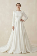 A-Line Boat Neck Satin Long Sleeves Wedding Dress in White