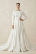 A-Line Boat Neck Satin Long Sleeves Wedding Dress in White