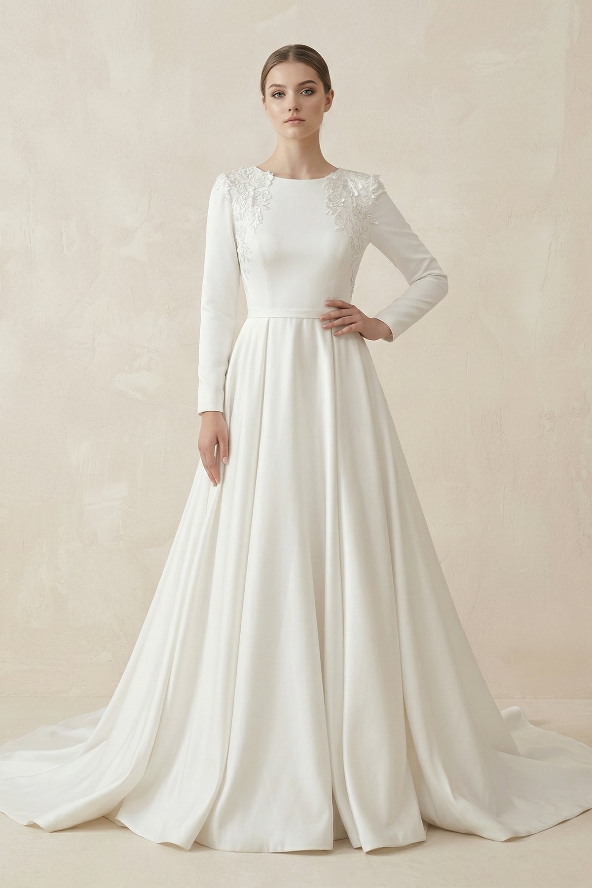 A-Line Boat Neck Satin Long Sleeves Wedding Dress in White