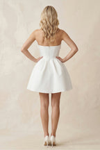 A-Line Bow Strapless Satin MIni Wedding Dress in White