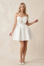 A-Line Bow Strapless Satin MIni Wedding Dress in White