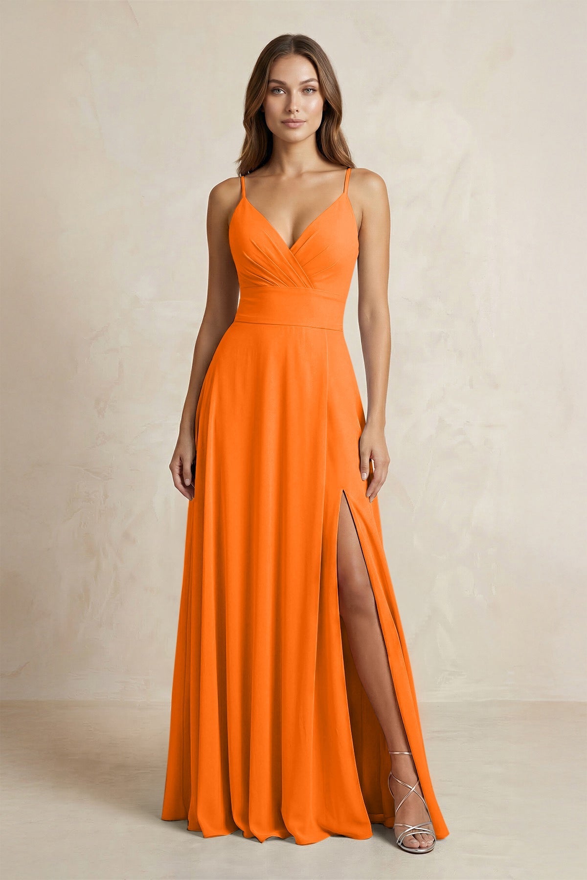 A-Line Cami Strap Chiffon Bridesmaid Dress With Slit in Cinnamon