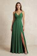 A-Line Cami Strap Chiffon Bridesmaid Dress With Slit in Dark Green