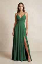 A-Line Cami Strap Chiffon Bridesmaid Dress With Slit in Dark Green
