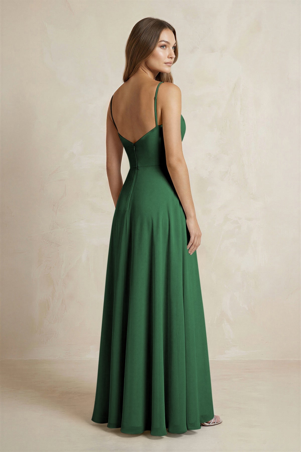 A-Line Cami Strap Chiffon Bridesmaid Dress With Slit in Dark Green