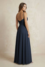 A-Line Cami Strap Chiffon Bridesmaid Dress With Slit in Dark Navy