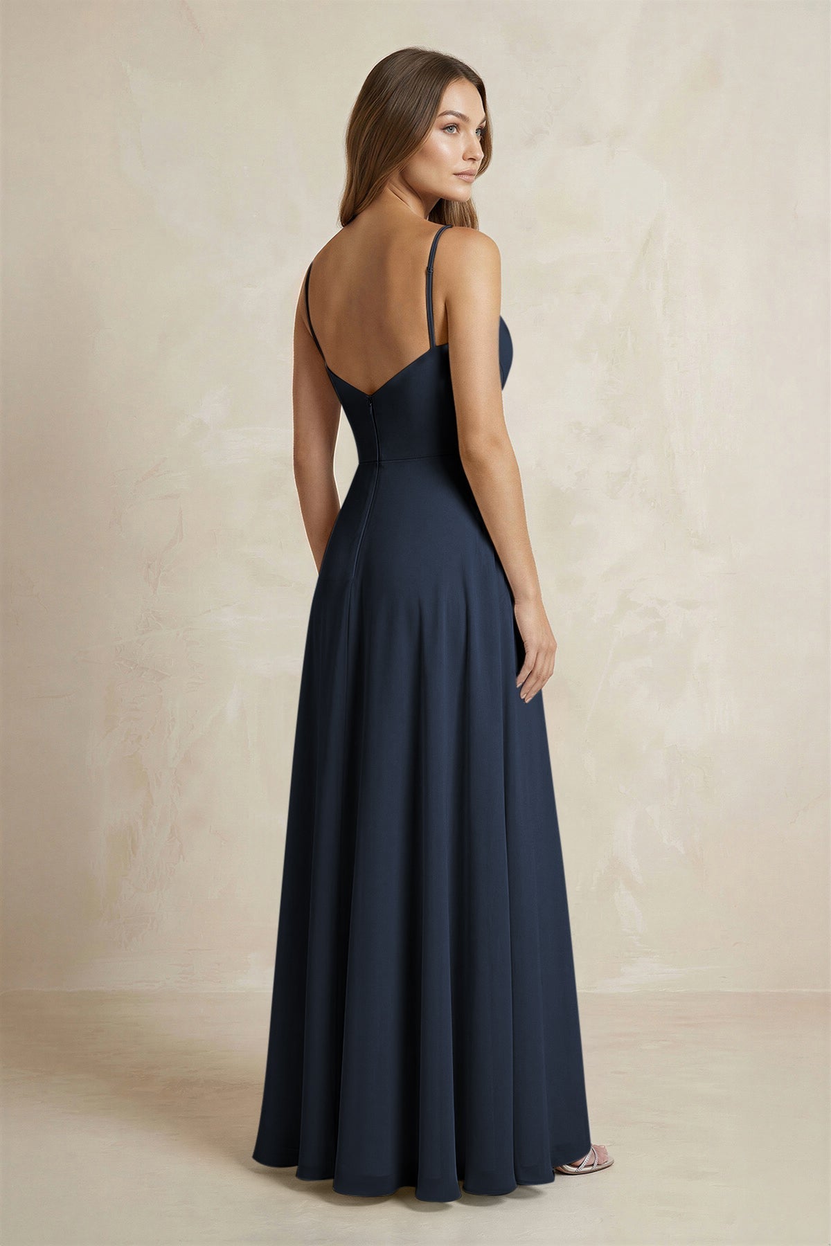 A-Line Cami Strap Chiffon Bridesmaid Dress With Slit in Dark Navy