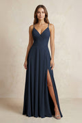 A-Line Cami Strap Chiffon Bridesmaid Dress With Slit in Dark Navy
