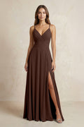 A-Line Cami Strap Chiffon Bridesmaid Dress With Slit in Espresso
