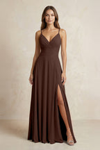 A-Line Cami Strap Chiffon Bridesmaid Dress With Slit in Espresso