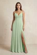 A-Line Cami Strap Chiffon Bridesmaid Dress With Slit in Sage