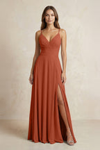A-Line Cami Strap Chiffon Bridesmaid Dress With Slit in Spice