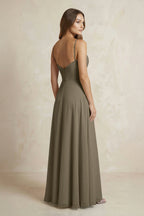 A-Line Cami Strap Chiffon Bridesmaid Dress With Slit in Willow Green