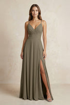 A-Line Cami Strap Chiffon Bridesmaid Dress With Slit in Willow Green