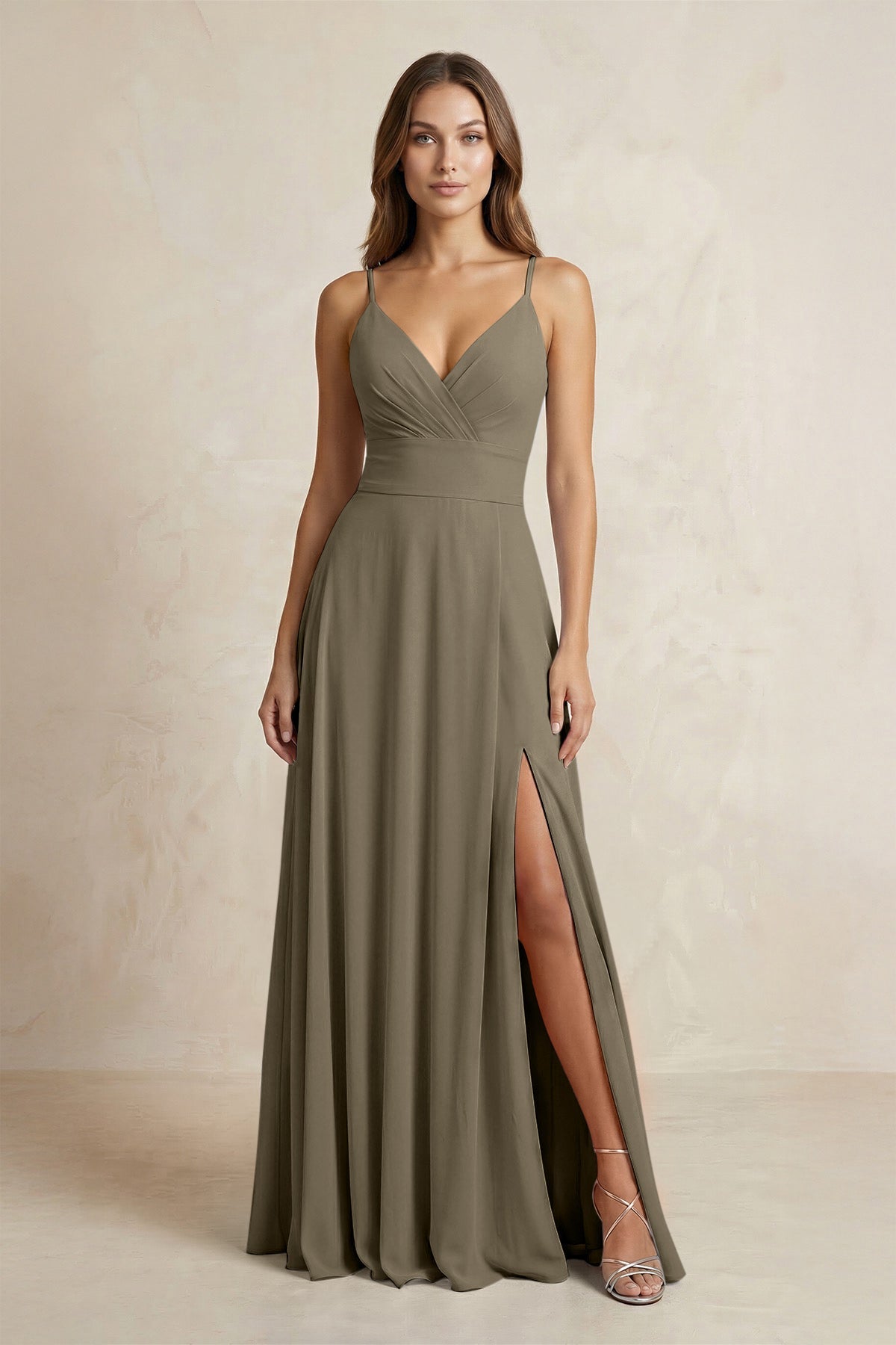 A-Line Cami Strap Chiffon Bridesmaid Dress With Slit in Willow Green