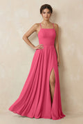 A-Line Chiffon Bridesmaid Dress With Slit in Fuchsia