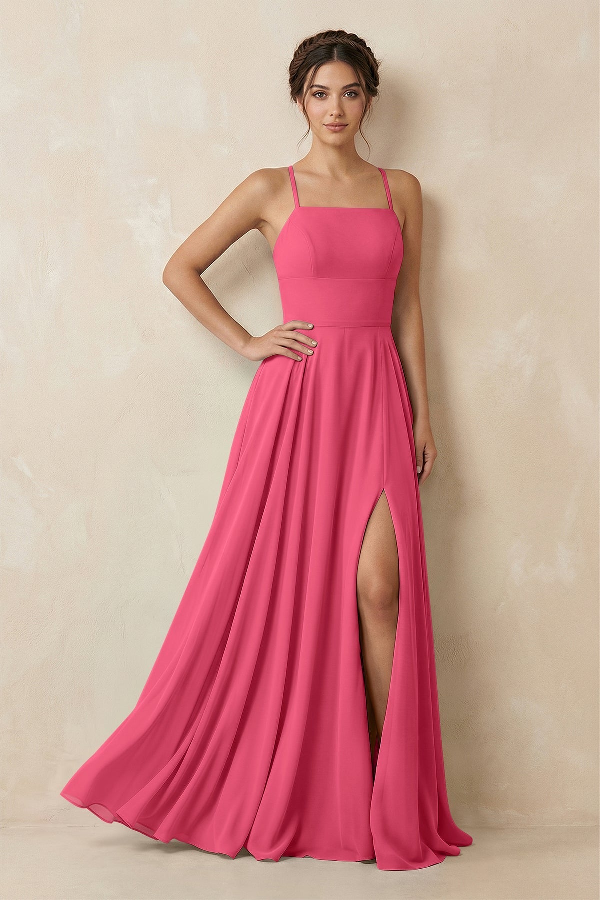 A-Line Chiffon Bridesmaid Dress With Slit in Fuchsia