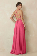 A-Line Chiffon Bridesmaid Dress With Slit in Fuchsia