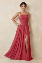 A-Line Chiffon Bridesmaid Dress With Slit in Merlot