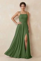 A-Line Chiffon Bridesmaid Dress With Slit in Moss