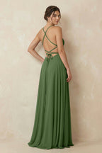 A-Line Chiffon Bridesmaid Dress With Slit in Moss