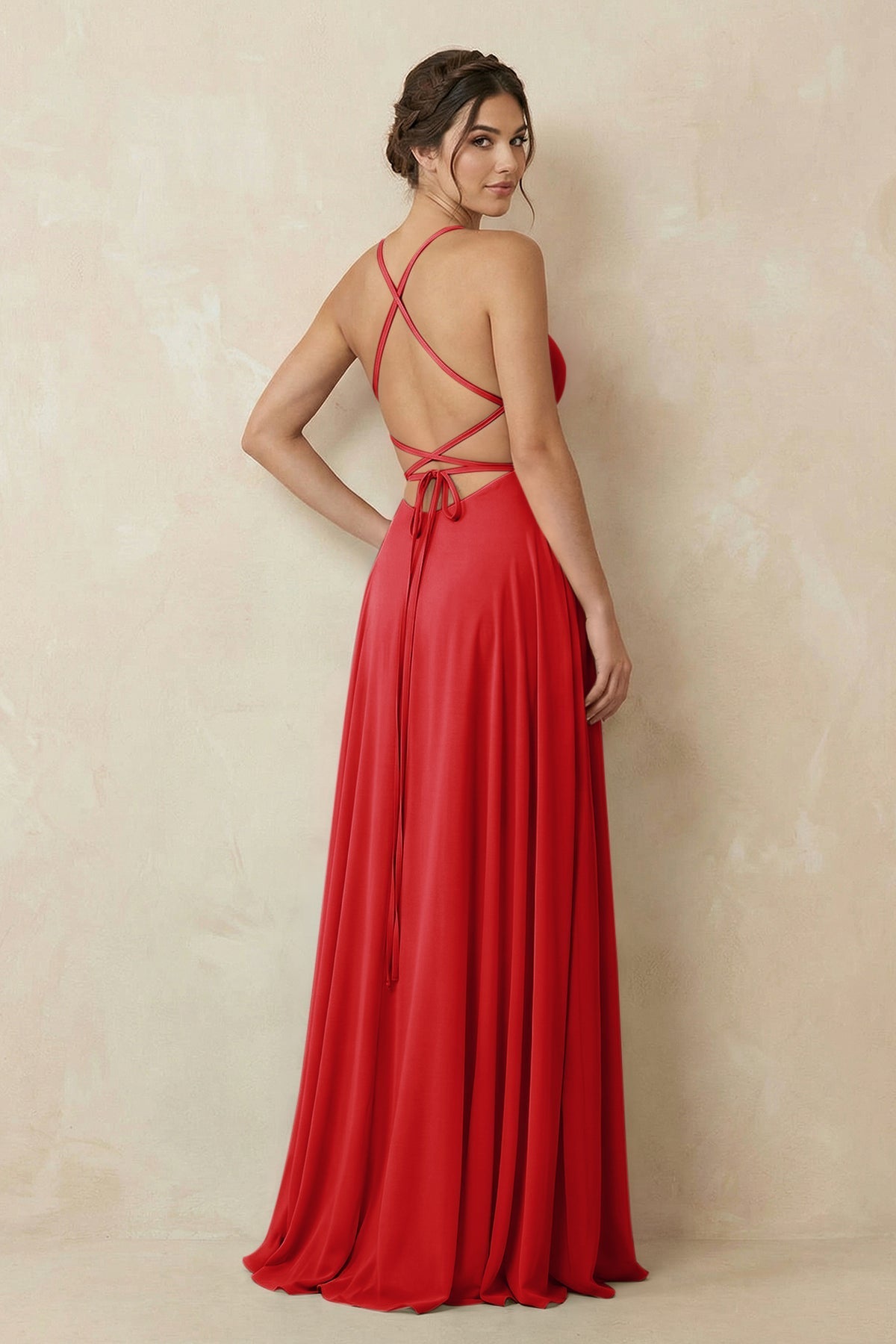 A-Line Chiffon Bridesmaid Dress With Slit in Ruby Red