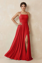 A-Line Chiffon Bridesmaid Dress With Slit in Ruby Red