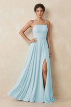 A-Line Chiffon Bridesmaid Dress With Slit in Sky Blue