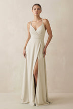 A-Line Chiffon Long Bridesmaid Dress With Slit in Dove Gray