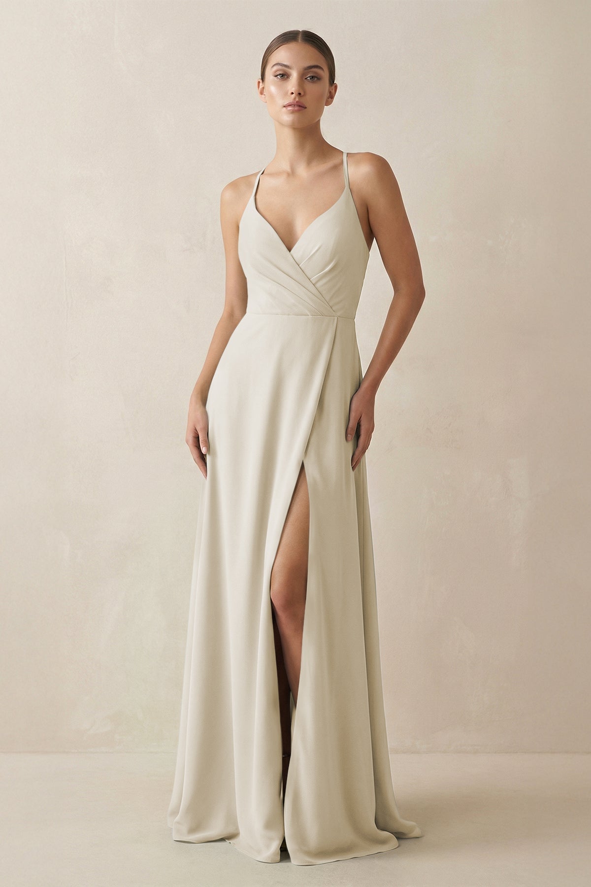 A-Line Chiffon Long Bridesmaid Dress With Slit in Dove Gray