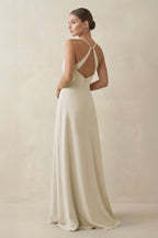 A-Line Chiffon Long Bridesmaid Dress With Slit in Dove Gray