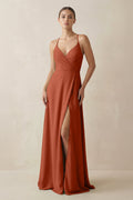 A-Line Chiffon Long Bridesmaid Dress With Slit in Spice