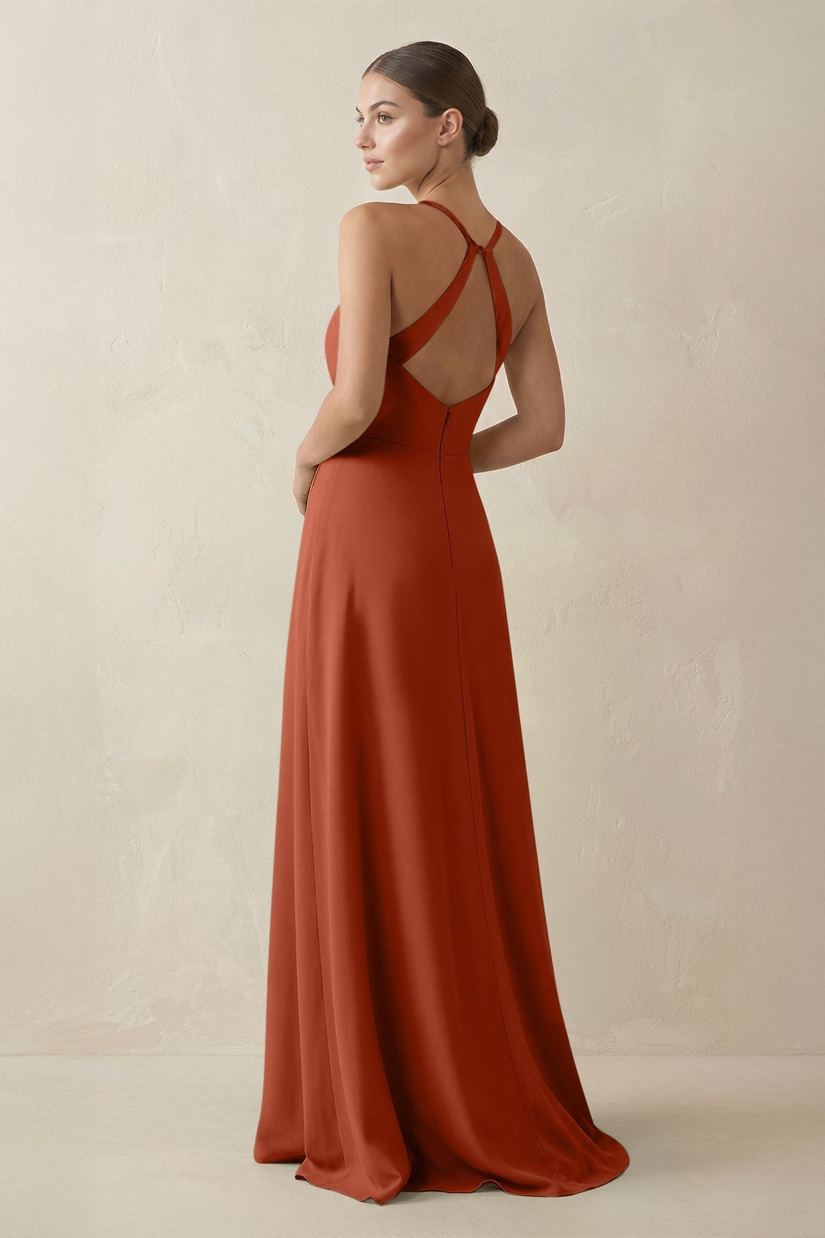 A-Line Chiffon Long Bridesmaid Dress With Slit in Spice