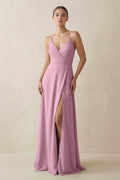 A-Line Chiffon Long Bridesmaid Dress With Slit in Vintage Mauve