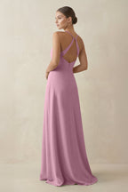 A-Line Chiffon Long Bridesmaid Dress With Slit in Vintage Mauve