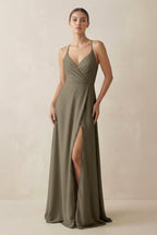 A-Line Chiffon Long Bridesmaid Dress With Slit in Willow Green