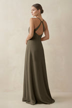 A-Line Chiffon Long Bridesmaid Dress With Slit in Willow Green