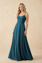 A-Line Chiffon Spaghetti Strap Bridesmaid Dress in Dark Teal
