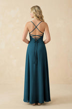 A-Line Chiffon Spaghetti Strap Bridesmaid Dress in Dark Teal