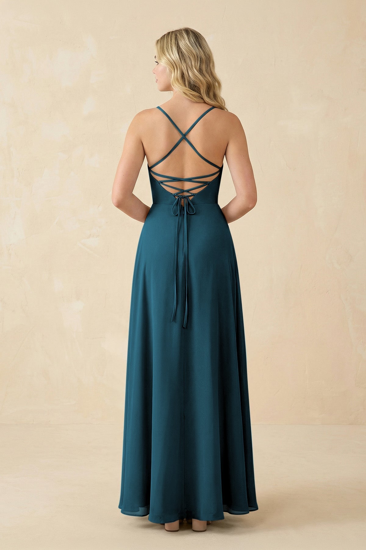 A-Line Chiffon Spaghetti Strap Bridesmaid Dress in Dark Teal
