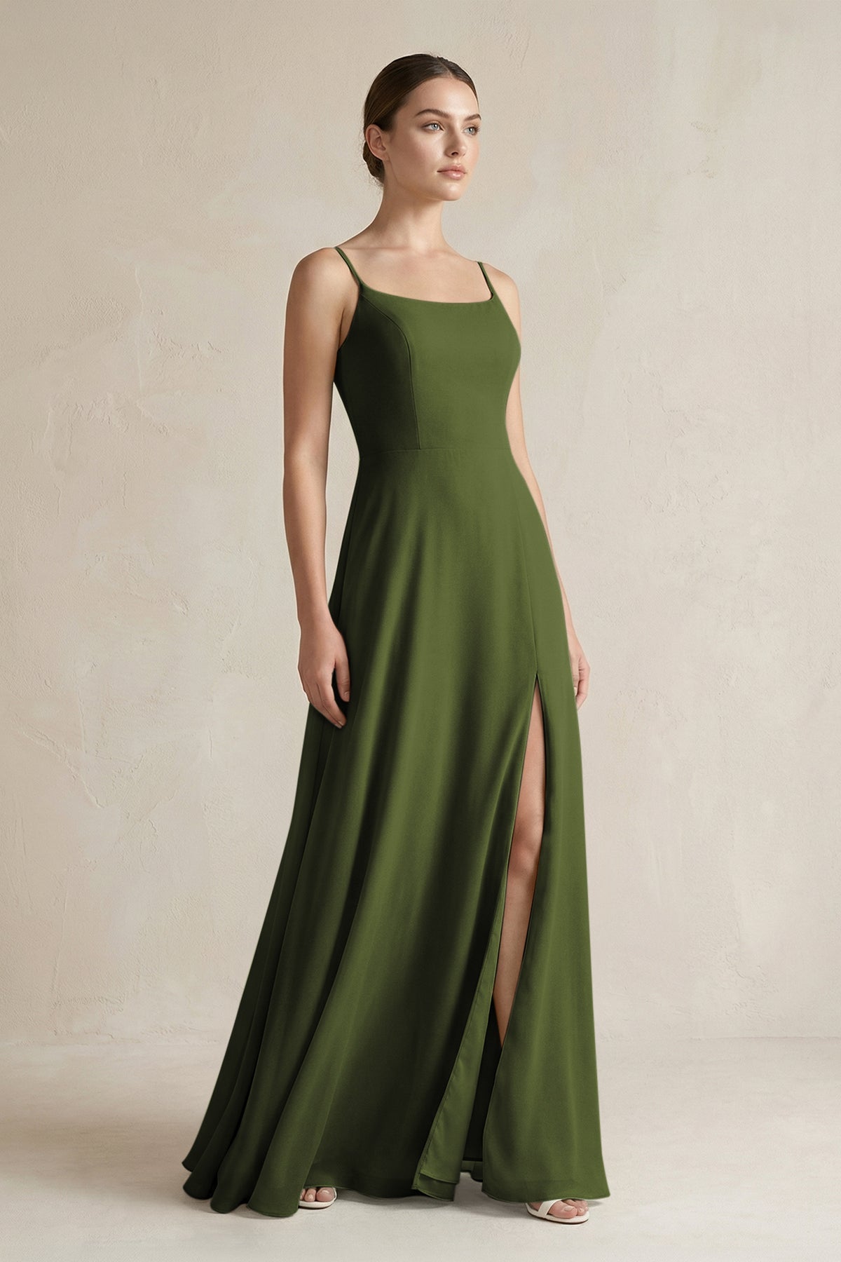 A-Line Chiffon Spaghetti Strap Bridesmaid Dress in Olive
