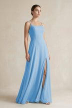 A-Line Chiffon Spaghetti Strap Bridesmaid Dress in Steel Blue