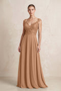 A-Line Chiffon V-Neck Pleated Bridesmaid Dress with Cap Sleeves in Bronzer