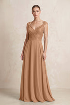 A-Line Chiffon V-Neck Pleated Bridesmaid Dress with Cap Sleeves in Bronzer