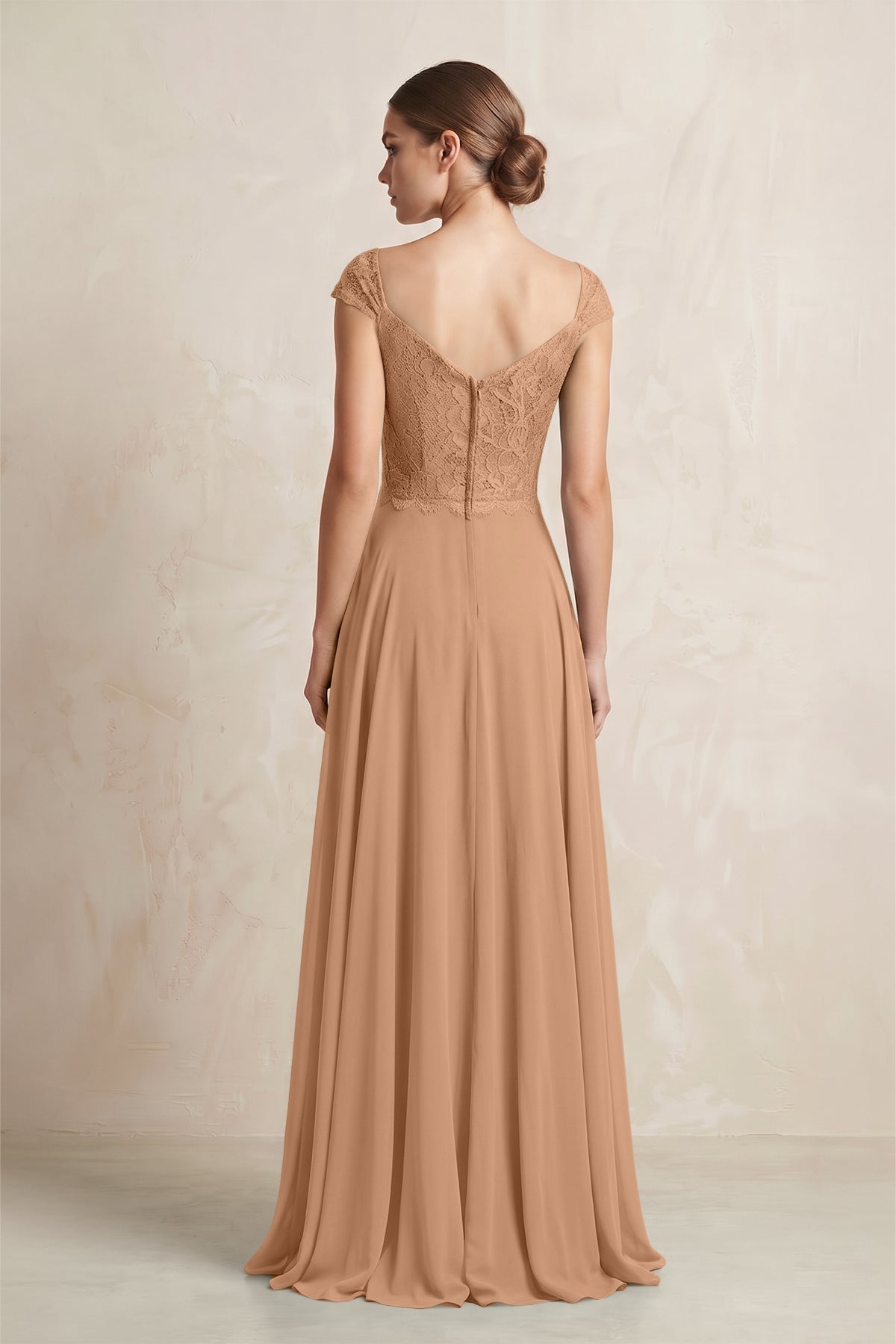 A-Line Chiffon V-Neck Pleated Bridesmaid Dress with Cap Sleeves in Bronzer