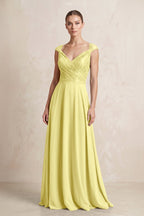A-Line Chiffon V-Neck Pleated Bridesmaid Dress with Cap Sleeves in Buttercup