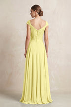 A-Line Chiffon V-Neck Pleated Bridesmaid Dress with Cap Sleeves in Buttercup