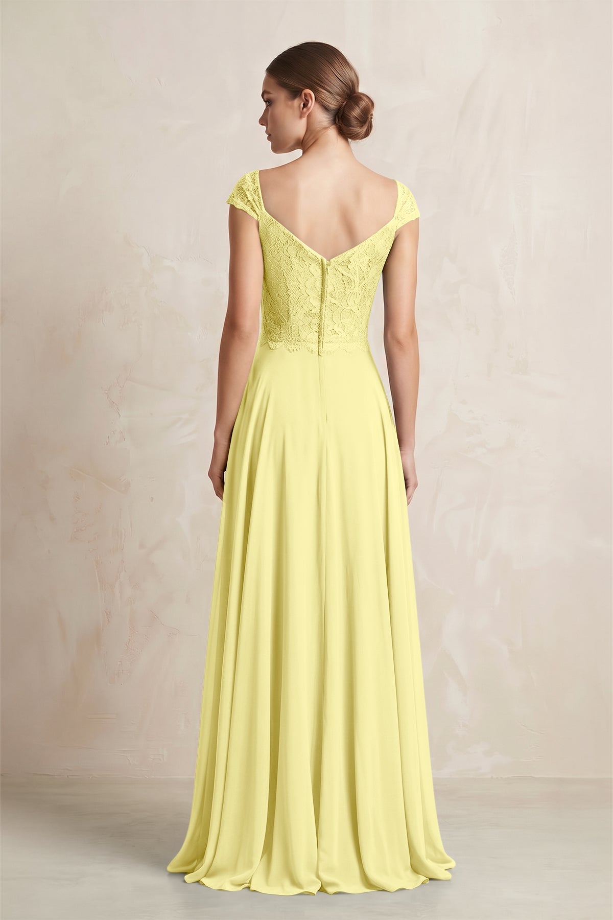 A-Line Chiffon V-Neck Pleated Bridesmaid Dress with Cap Sleeves in Buttercup