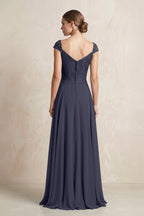 A-Line Chiffon V-Neck Pleated Bridesmaid Dress with Cap Sleeves in Dusk Blue